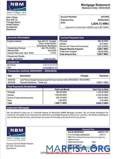 Printable Mauritania Nouvelle Banque de Mauritanie (NBM) mortgage statement Word and PDF template
